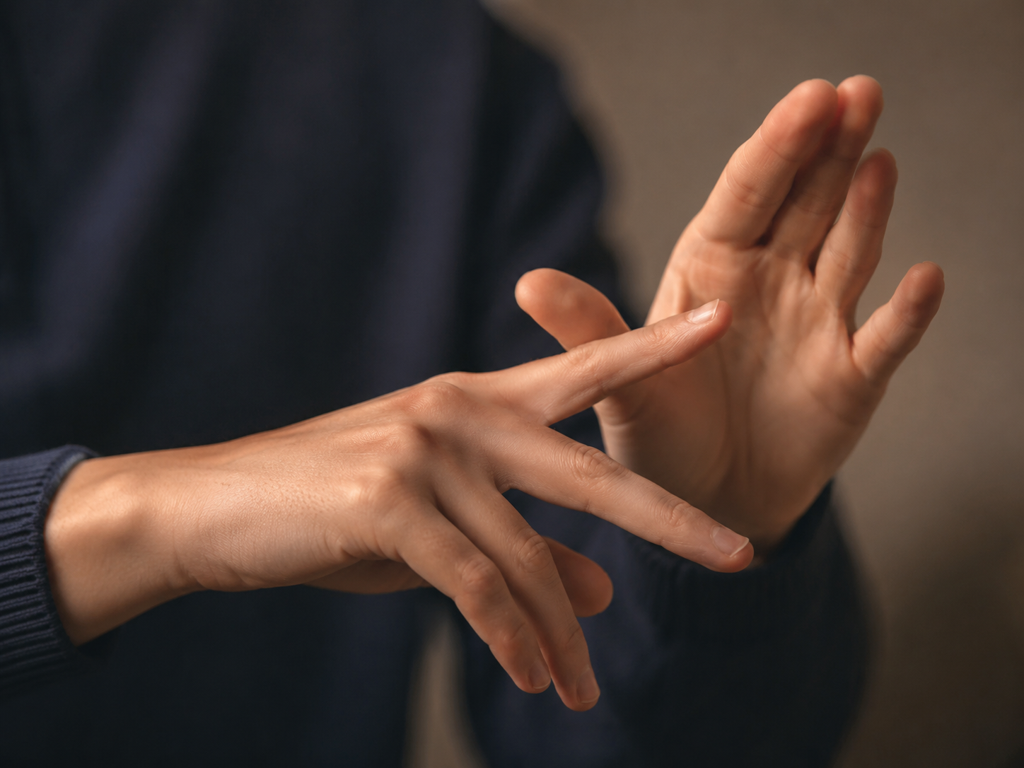Close-up of a person communicating in British Sign Language